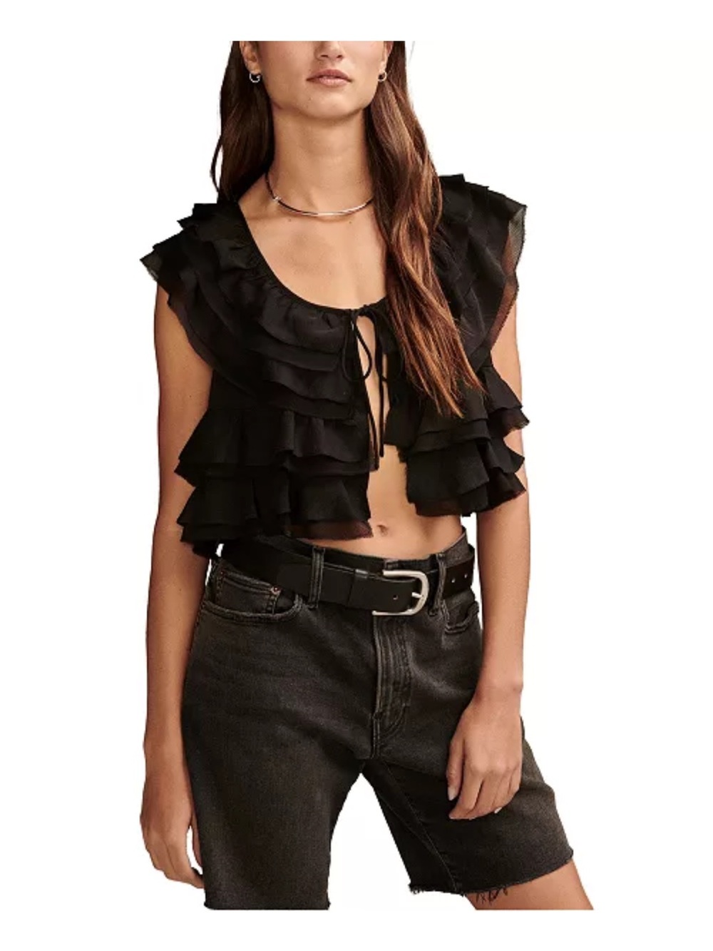 Lucky Brand Festival Second Layer Black Ruffled Crop Top w/ Tie Front